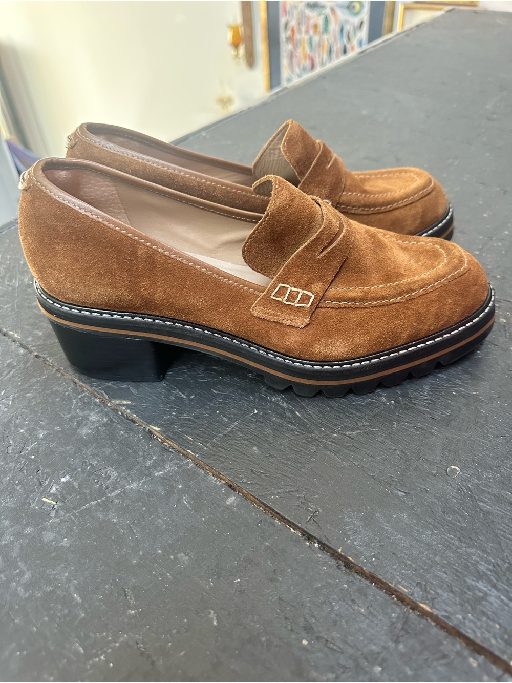 Bernardo Chestnut Suede Penny Loafers with Lug Sole